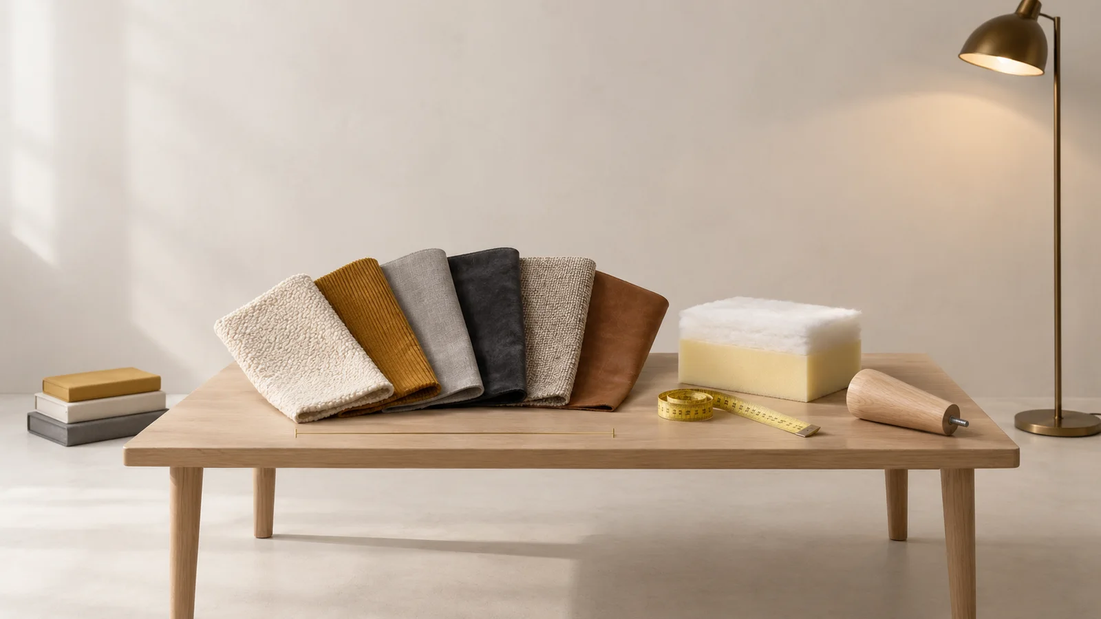 Nuancier de revêtements de canapé, cube de mousse d'assise et mètre ruban sur une table d'atelier