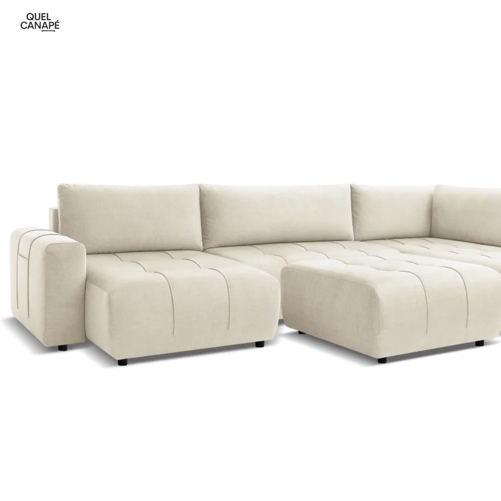 Canapé panoramique convertible coffre ARSENE tissus velours avec pouf