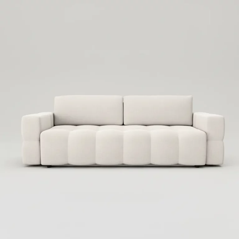 Canapé Gabriel Maisons du Monde en tissu beige, droit, accoudoirs carrés, assise capitonnée, pieds discrets, vue de face.