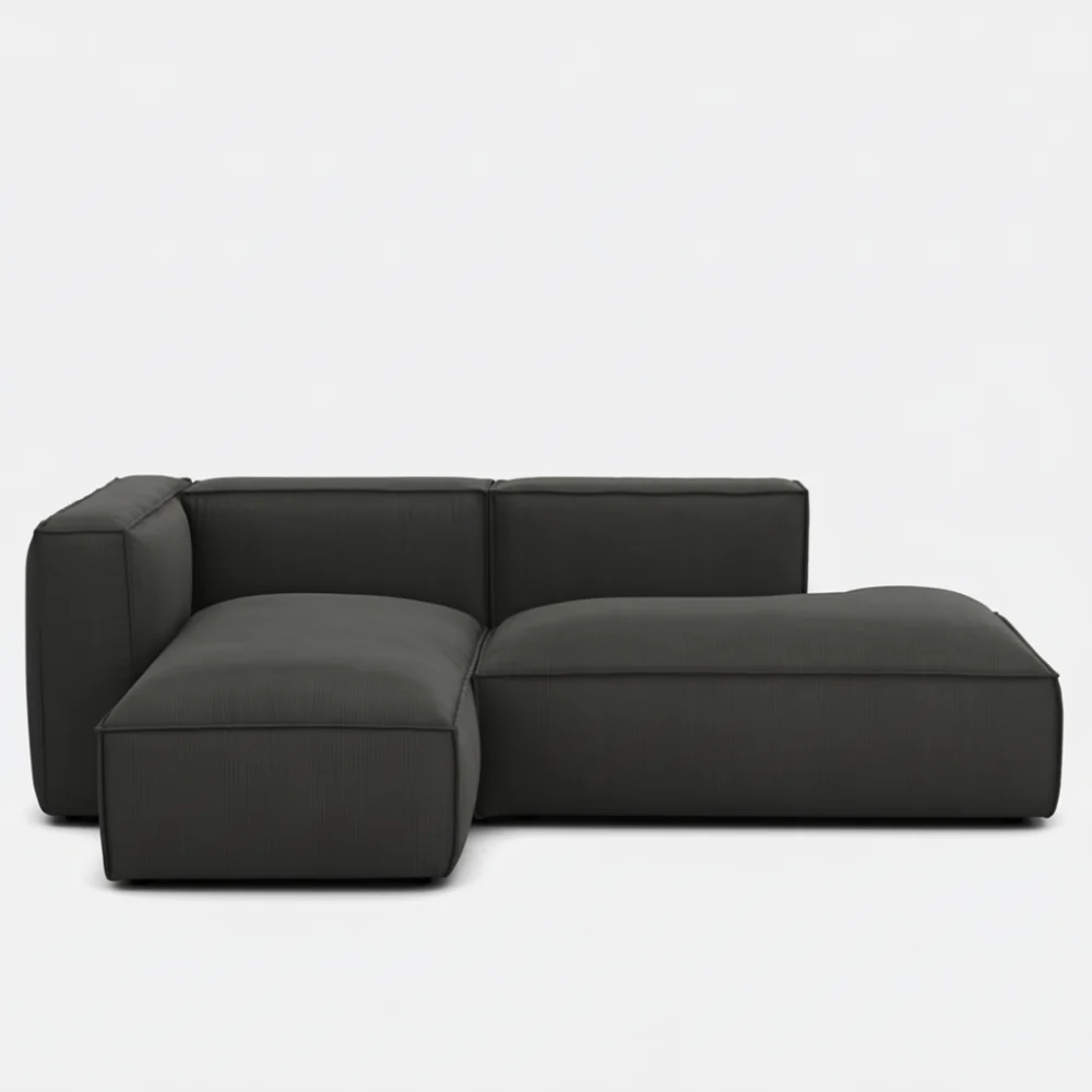 Canapé Seven La Redoute, tissu gris foncé, angle droit, accoudoirs bas, silhouette moderne, vue 3/4, piètement discret.