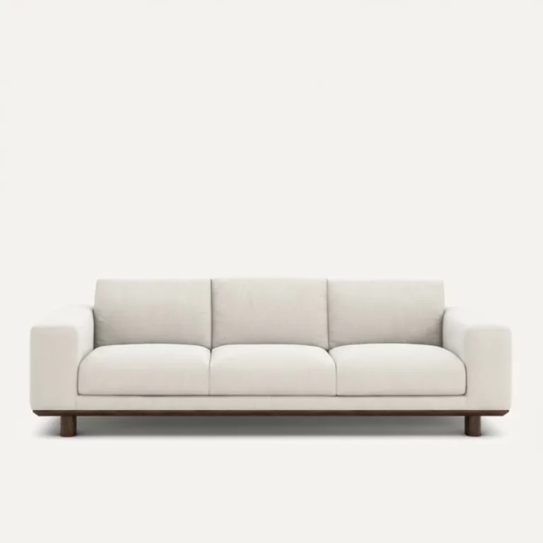 Canapé Cerea AMPM La Redoute en tissu beige, silhouette droite avec accoudoirs épais, pieds cylindriques en bois, vue de face.