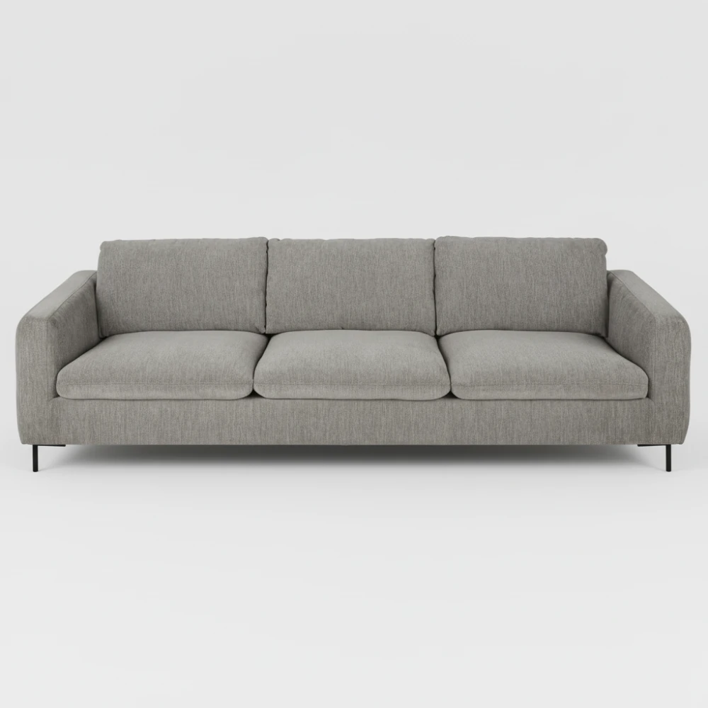 Canapé City Maison du Monde en tissu gris clair, silhouette droite, pieds fins en métal noir, coussins d’assise et de dossier rembourrés.