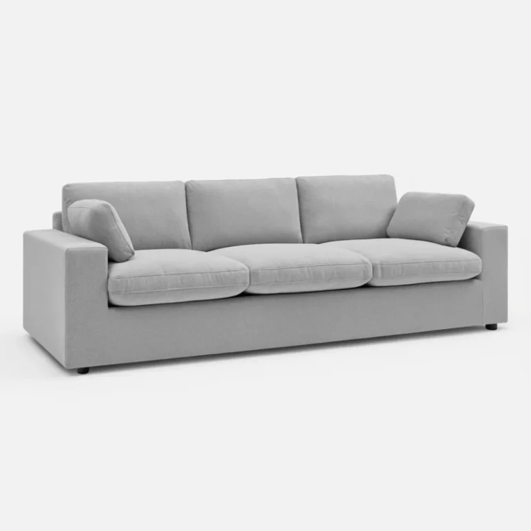Canapé Belair Bobochic gris clair en tissu, forme droite, accoudoirs larges, coussins d'assise et dossier moelleux, pieds discrets noirs.