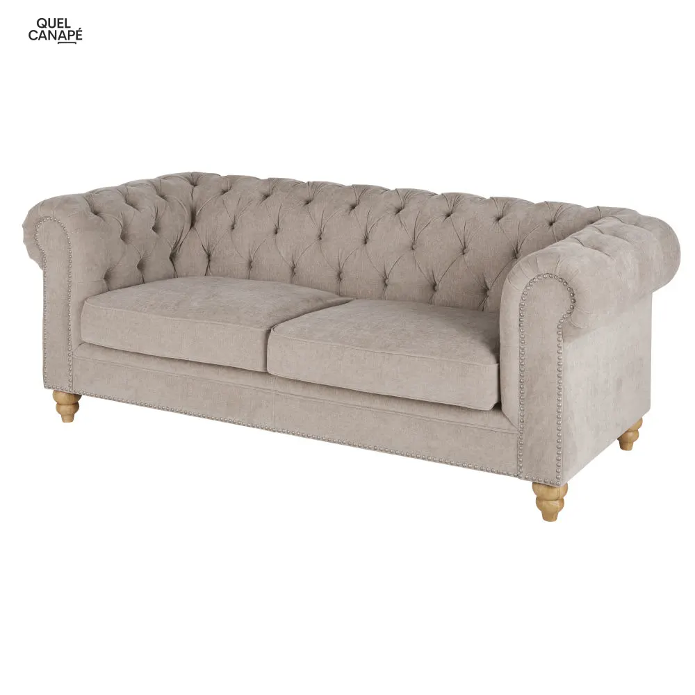Canapé 3/4 places en velours beige rosé Chesterfield