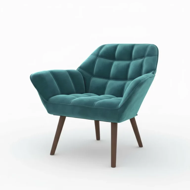 Fauteuil Simba La Redoute en velours bleu canard, silhouette arrondie, piètement bois foncé, vue de trois quarts.