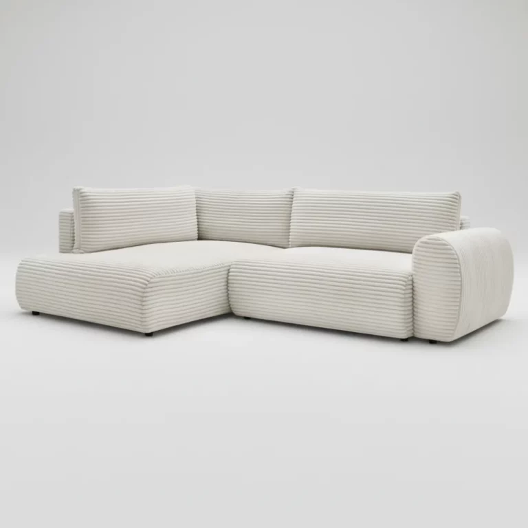 Canapé Lucien Bobochic en tissu côtelé beige, angle droit, accoudoirs arrondis, coussins épais, pieds discrets, vue trois-quarts.