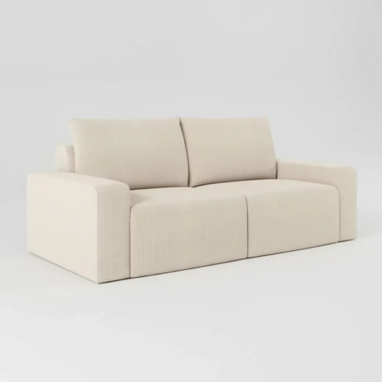 Canapé Romane Maisons du Monde en tissu côtelé beige, silhouette droite, accoudoirs épais, coussins d'assise et dossier amovibles, vue de trois quarts.