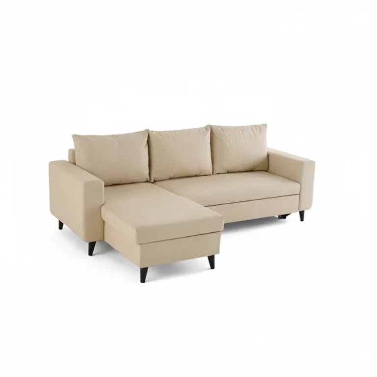 Canapé Nordic Maisons du Monde beige en tissu, forme d'angle avec méridienne, accoudoirs droits, pieds noirs inclinés, vue 3/4 face.