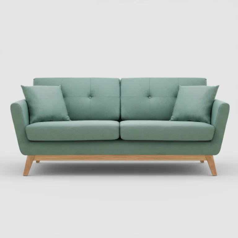 Canapé Hoga Maisons du Monde en tissu vert, silhouette droite, pieds en bois clair, coussins assortis, vue de face.