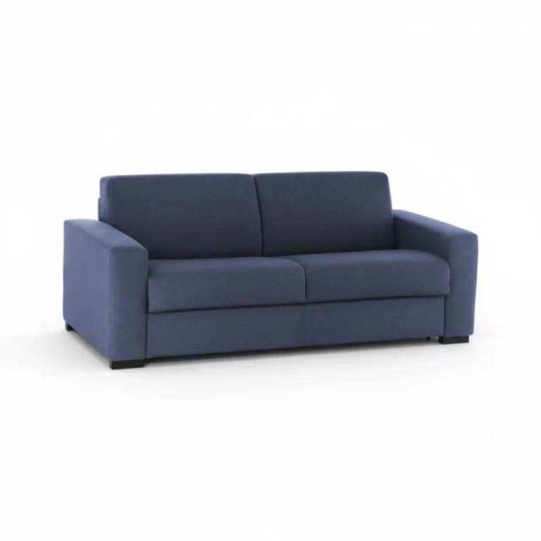 Canapé Alicia Maisons du Monde en tissu bleu, silhouette droite, accoudoirs larges, pieds discrets, vue de face.