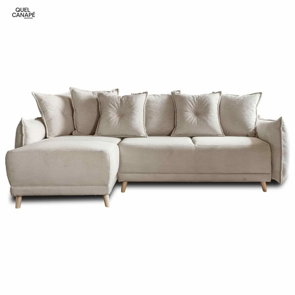 Canapé d'angle réversible convertible 4 places velours côtelé beige Lena