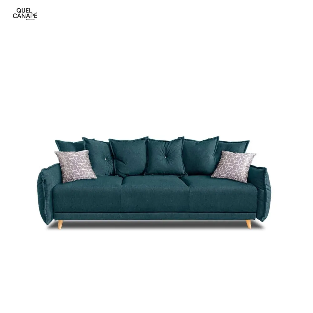 Canapé droit convertible 3 places en tissu bleu turquoise Lena