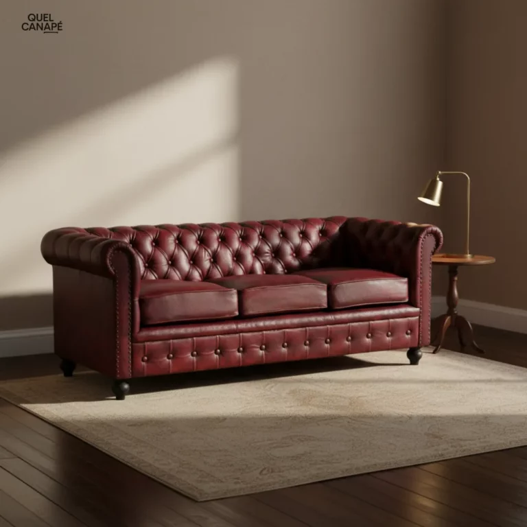 Canapé Chester Maisons du Monde en cuir rouge capitonné, accoudoirs roulés, pieds en bois, vu de face dans un salon lumineux.