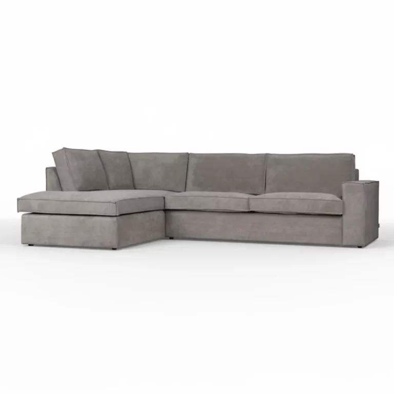 Canapé Thomas Maisons du Monde, tissu gris, forme d'angle, accoudoirs droits, coussins d'assise et de dossier, piètement discret, vue de trois quarts.