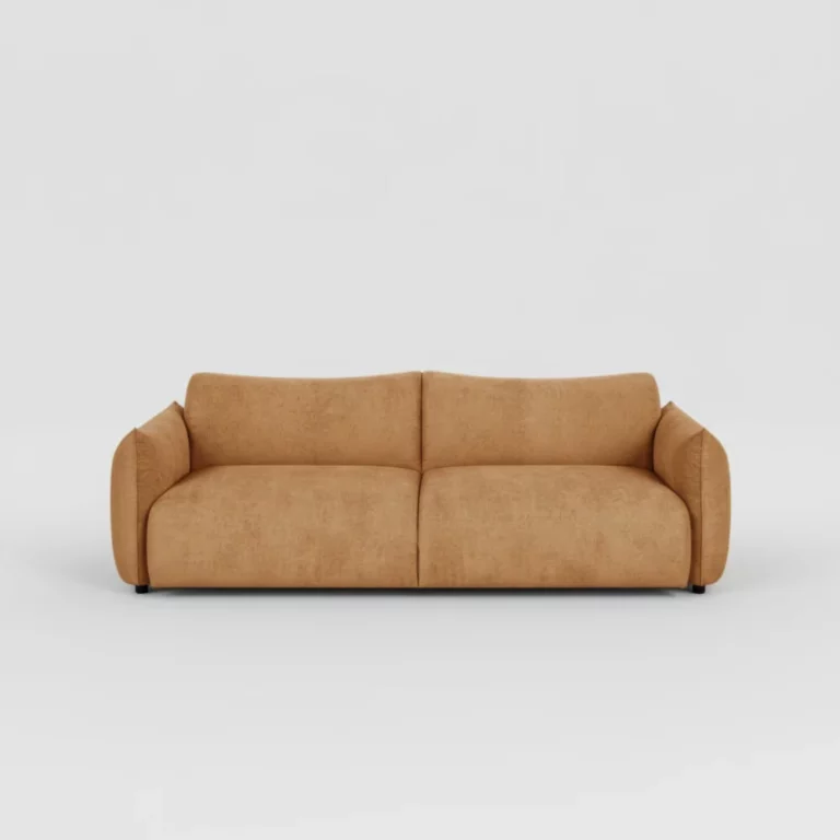 Canapé Jada Maisons du Monde en tissu beige, silhouette droite avec accoudoirs arrondis, coussins intégrés, pieds discrets, vue de face.