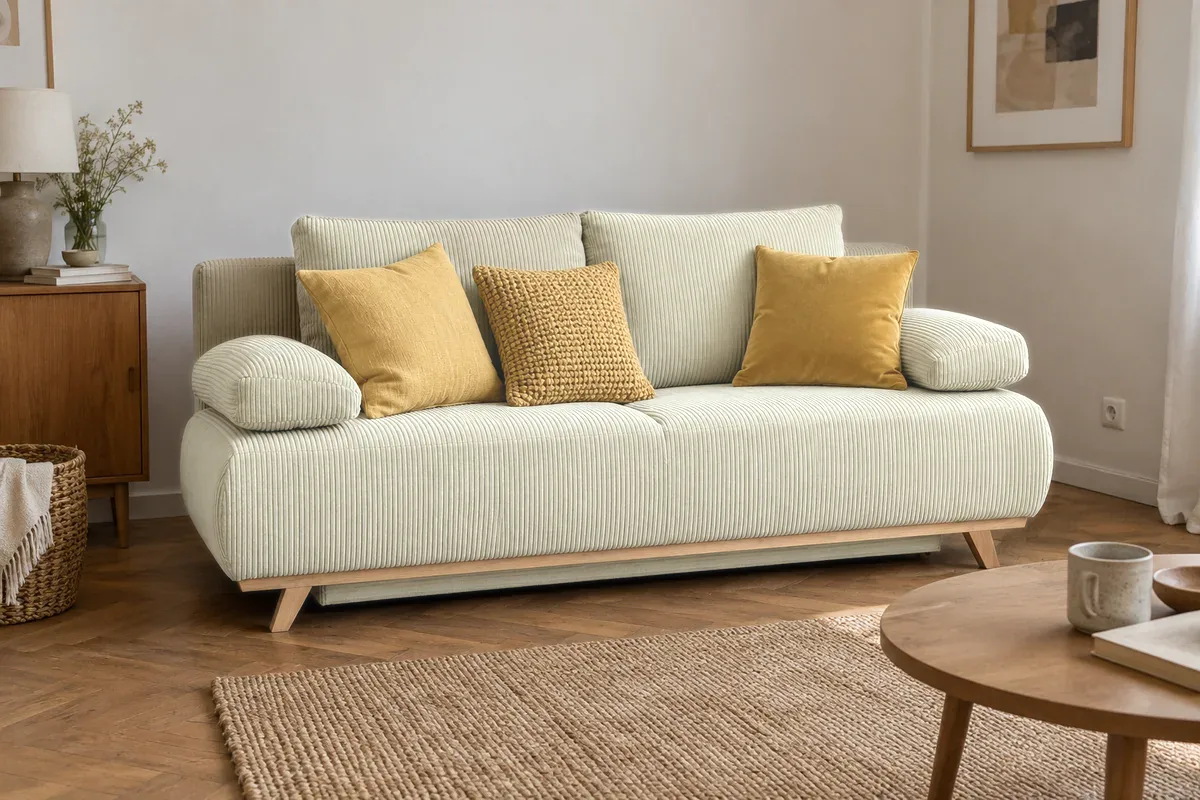 Canapé beige en velours côtelé avec 3 coussins moutarde et ocre de textures différentes, dans un salon simple
