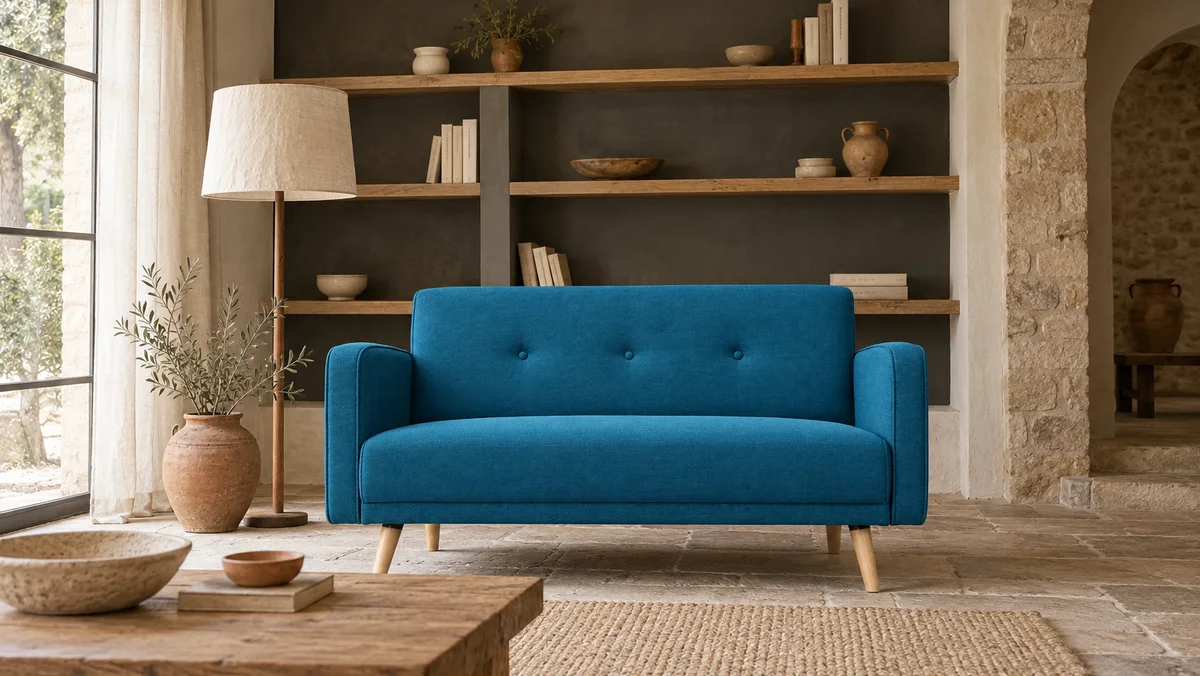 Salon avec un mur sombre qui agrandit la pièce, canapé bleu canard