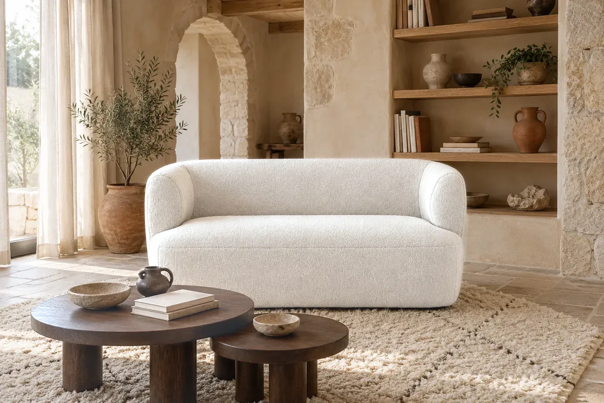 Salon cosy et cocooning grâce aux plantes vertes, canapé ecru