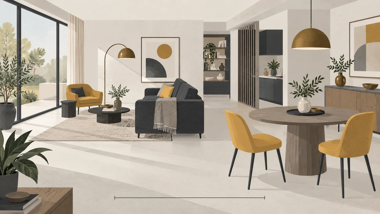 Illustration : Aménager un salon salle à manger autour du canapé sans cloison