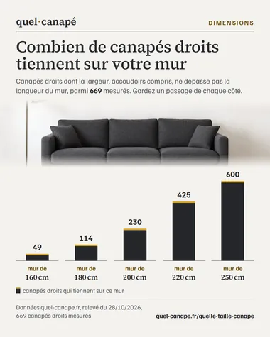 Infographie : Combien de canapés droits tiennent sur votre mur. Canapés droits dont la largeur, accoudoirs compris, ne dépasse pas la longueur du mur, parmi 669 mesurés. Gardez un passage de chaque côté. Données quel-canape.fr, relevé du 28/10/2026, 669 canapés droits mesurés.