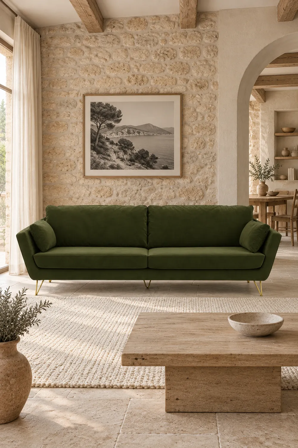 Mise en situation illustrée par IA à partir de la photo du coloris Vue d'ensemble du canapé Topim La Redoute 3 places en velours, coloris olive, style contemporain, dans un salon (mise en situation illustrée par IA)