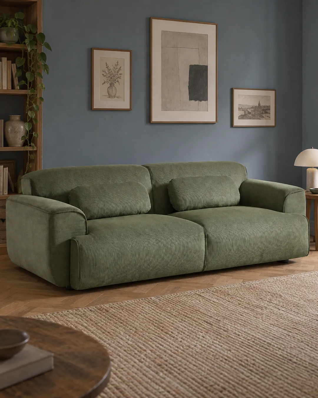 Plan rapproché du canapé Wallas La Redoute 3 places en velours, coloris vert olive, style classique, dans un salon au mur bleu ardoise (mise en situation illustrée par IA)