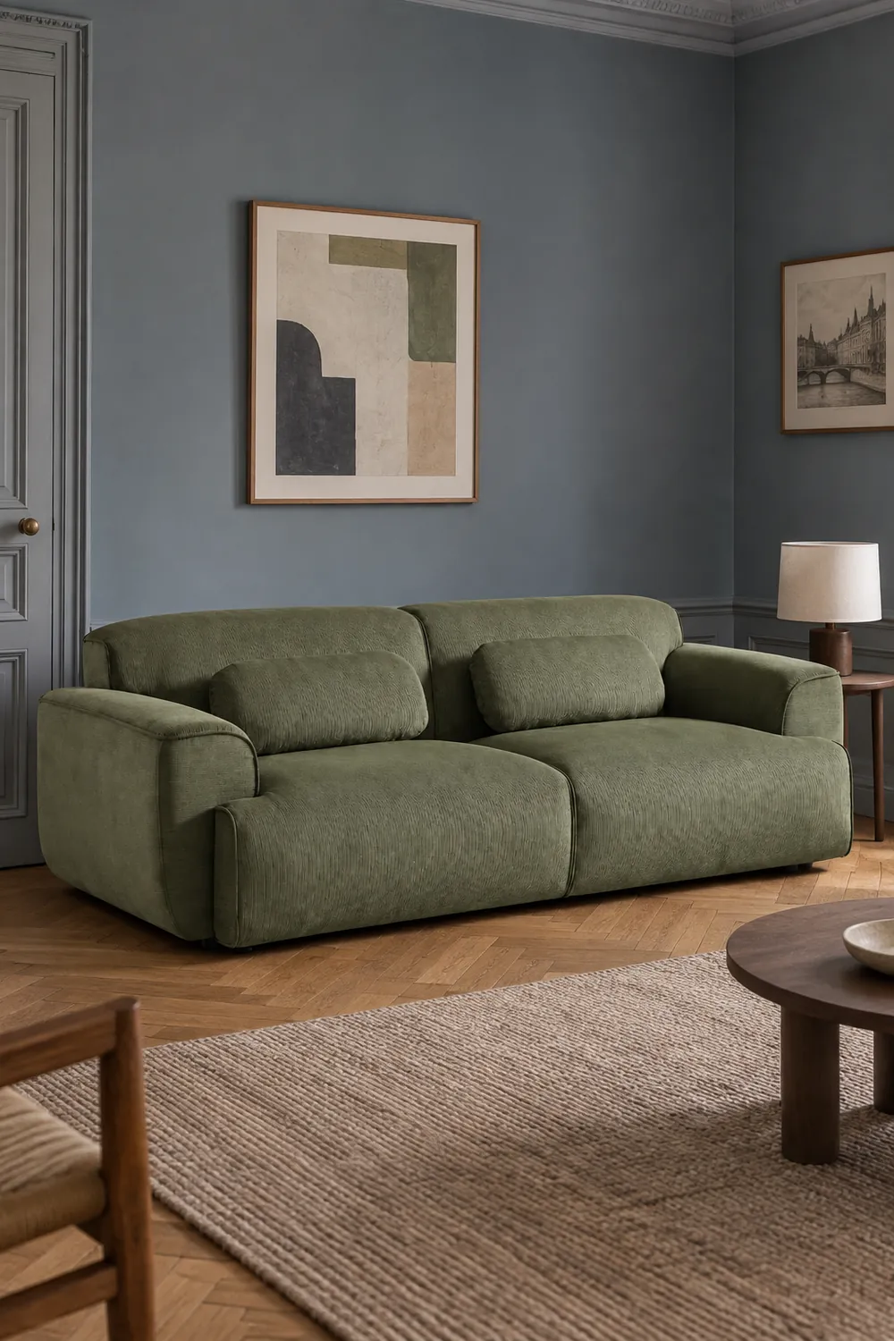 Vue d'ensemble du canapé Wallas La Redoute 3 places en velours, coloris vert olive, style classique, dans un salon au mur bleu ardoise (mise en situation illustrée par IA)
