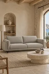 Vue d'ensemble du canapé Cesar La Redoute 3 places en velours, coloris blanc, style contemporain, dans un salon (mise en situation illustrée par IA)