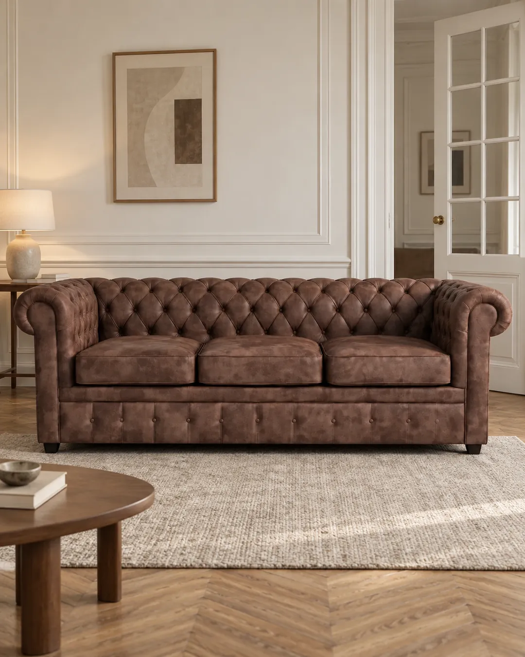 Plan rapproché du canapé Chesterfield Maisons du Monde 3 places convertible en tissu, coloris marron, style chesterfield, dans un appartement ancien à Paris (mise en situation illustrée par IA)