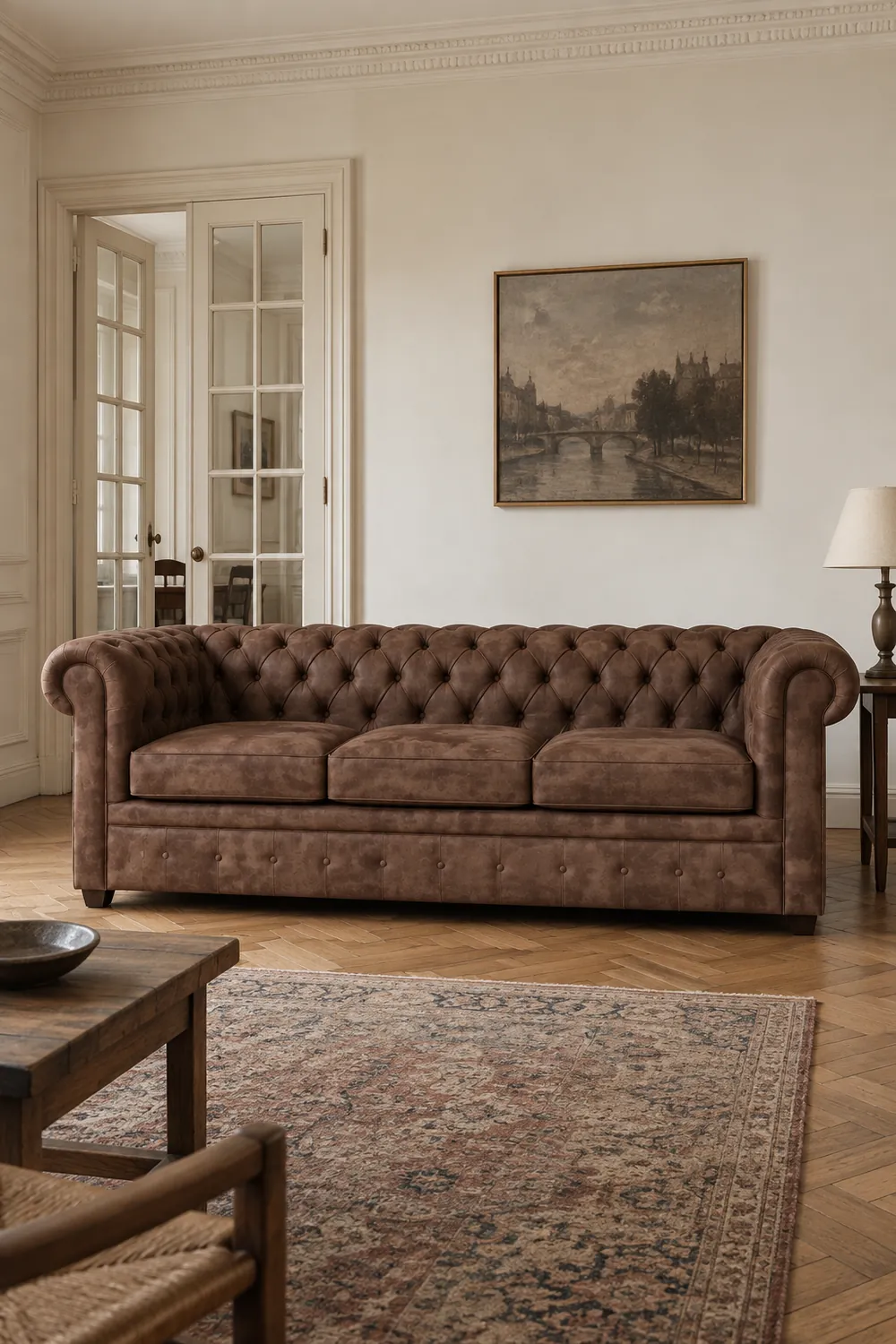 Vue d'ensemble du canapé Chesterfield Maisons du Monde 3 places convertible en tissu, coloris marron, style chesterfield, dans un appartement ancien à Paris (mise en situation illustrée par IA)