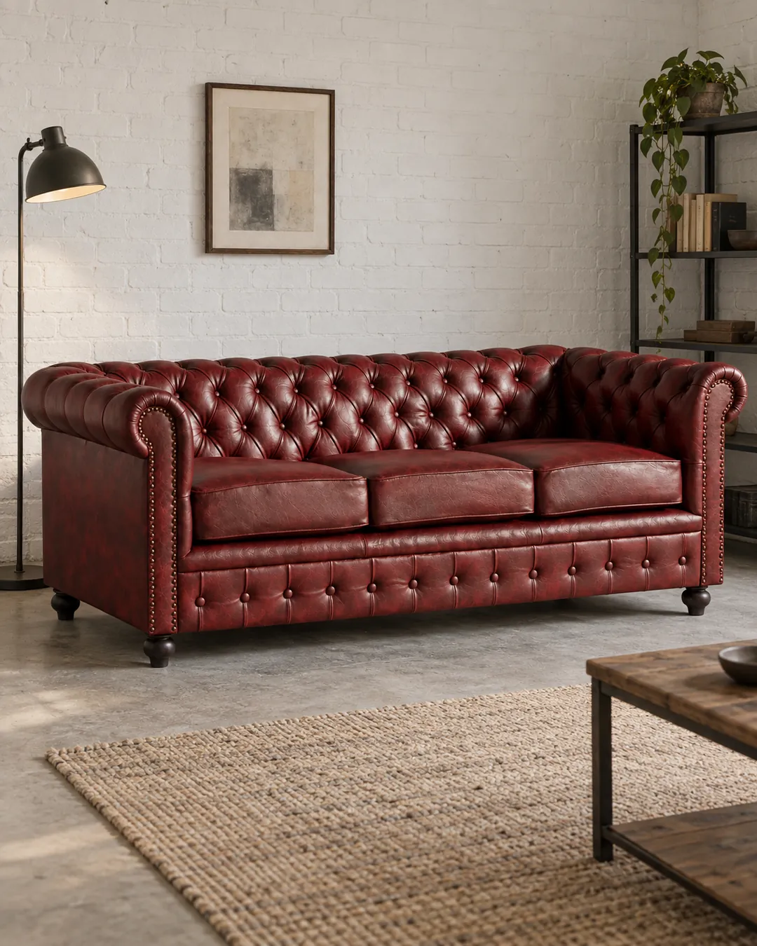 Plan rapproché du canapé Chester Maisons du Monde 3 places en cuir, coloris bordeaux, style chesterfield, dans un ancien atelier transformé en logement (mise en situation illustrée par IA)