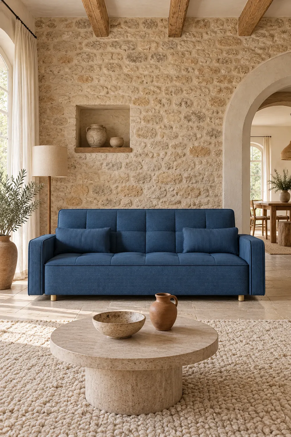 Vue d'ensemble du canapé Copenhague Maisons du Monde 3 places convertible en velours, coloris bleu, style scandinave, dans un salon (mise en situation illustrée par IA)