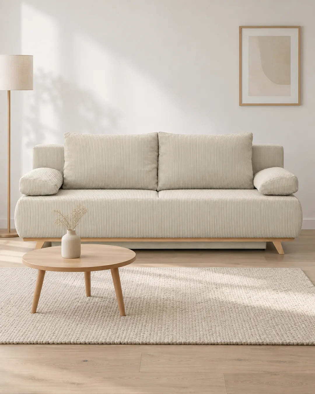Plan rapproché du canapé Laria Homifab Maisons du Monde 3 places convertible en velours, coloris ivoire, dans un salon clair de style nordique (mise en situation illustrée par IA)
