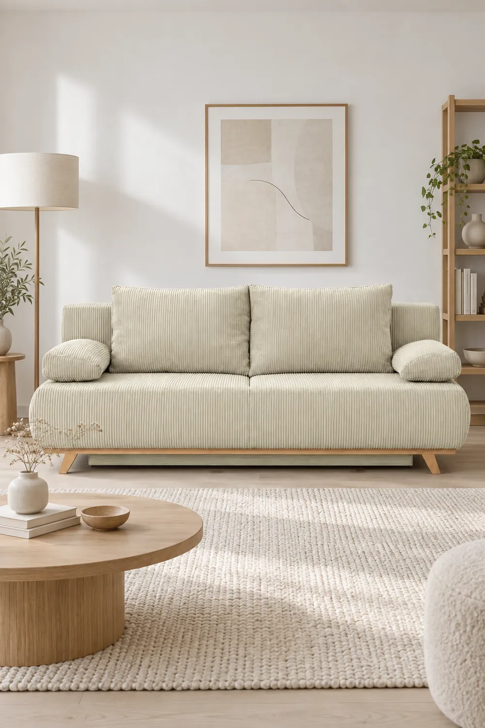Vue d'ensemble du canapé Laria Homifab Maisons du Monde 3 places convertible en velours, coloris ivoire, dans un salon clair de style nordique (mise en situation illustrée par IA)