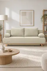 Vue d'ensemble du canapé Laria Homifab Maisons du Monde 3 places convertible en velours, coloris ivoire, dans un salon clair de style nordique (mise en situation illustrée par IA)