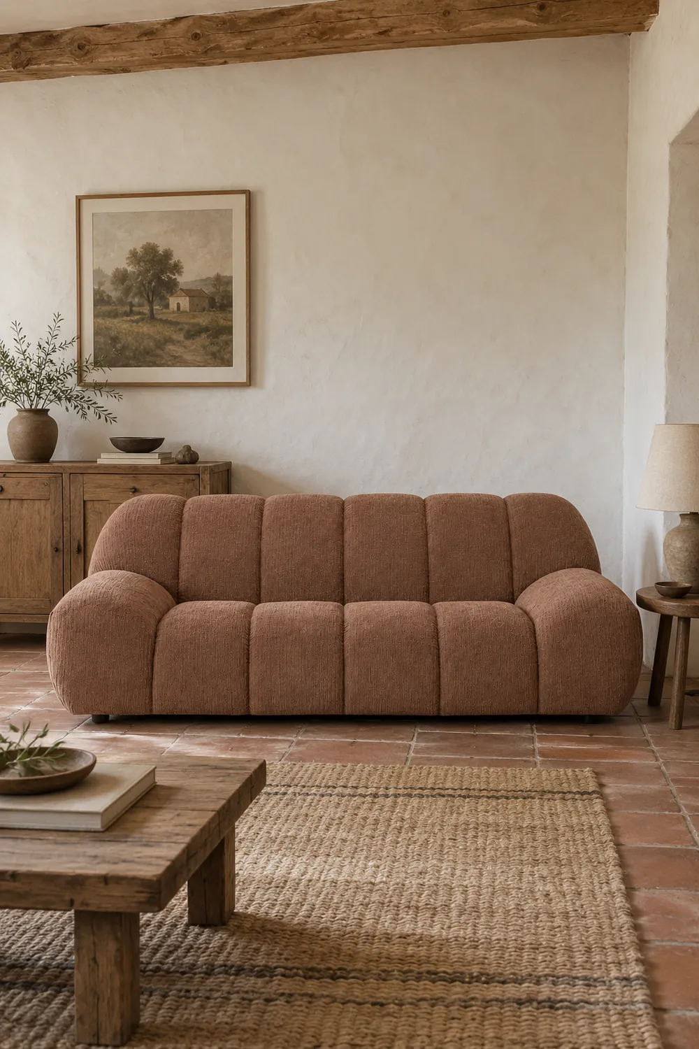 Vue d'ensemble du canapé Nuria La Redoute 3 places en velours, coloris marron, style vintage, dans une maison de campagne (mise en situation illustrée par IA)