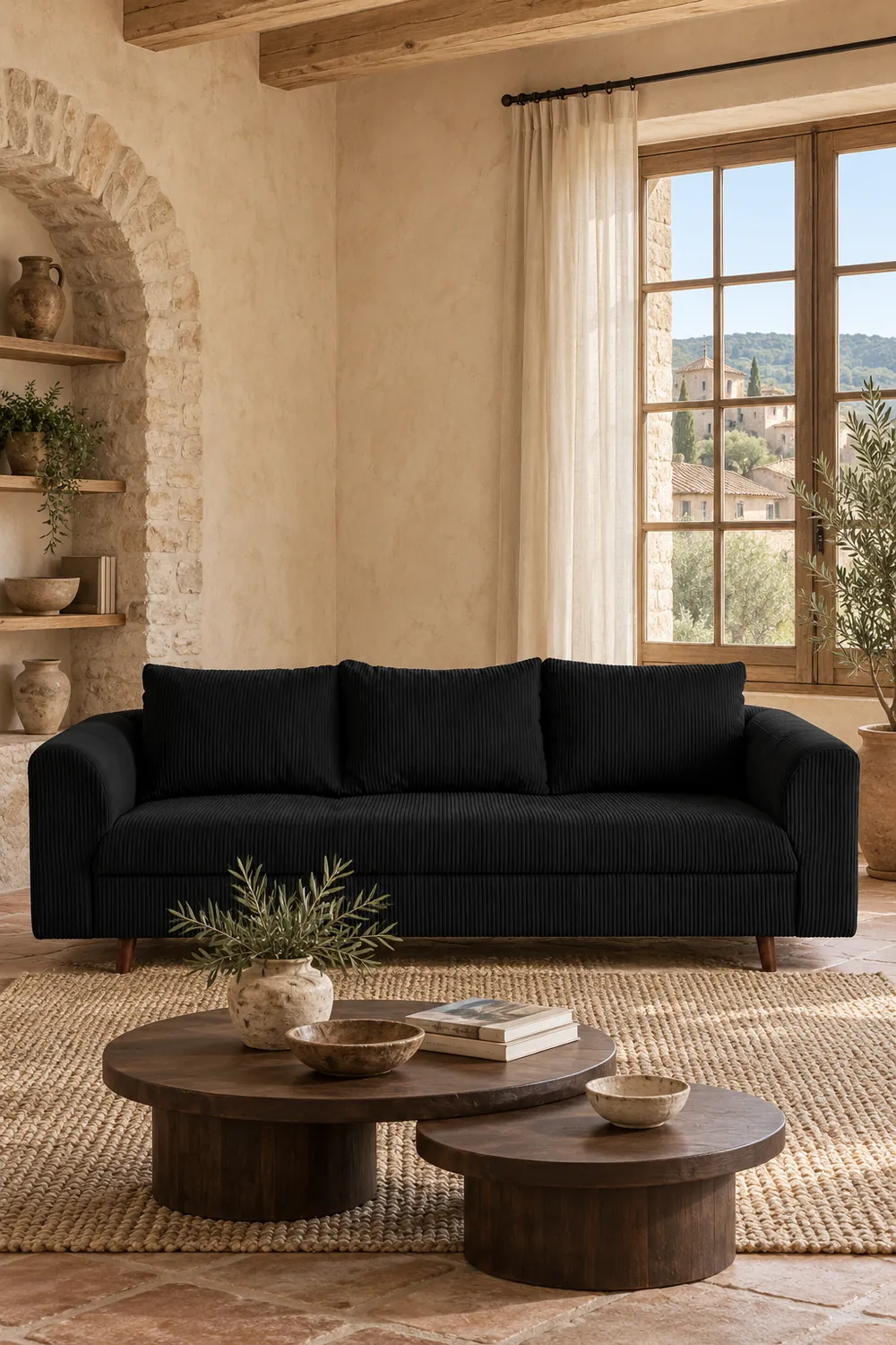 Vue d'ensemble du canapé Rune Best Mobilier 3 places en velours, coloris gris foncé, style vintage, dans un salon (mise en situation illustrée par IA)