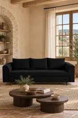 Vue d'ensemble du canapé Rune Best Mobilier 3 places en velours, coloris gris foncé, style vintage, dans un salon (mise en situation illustrée par IA)