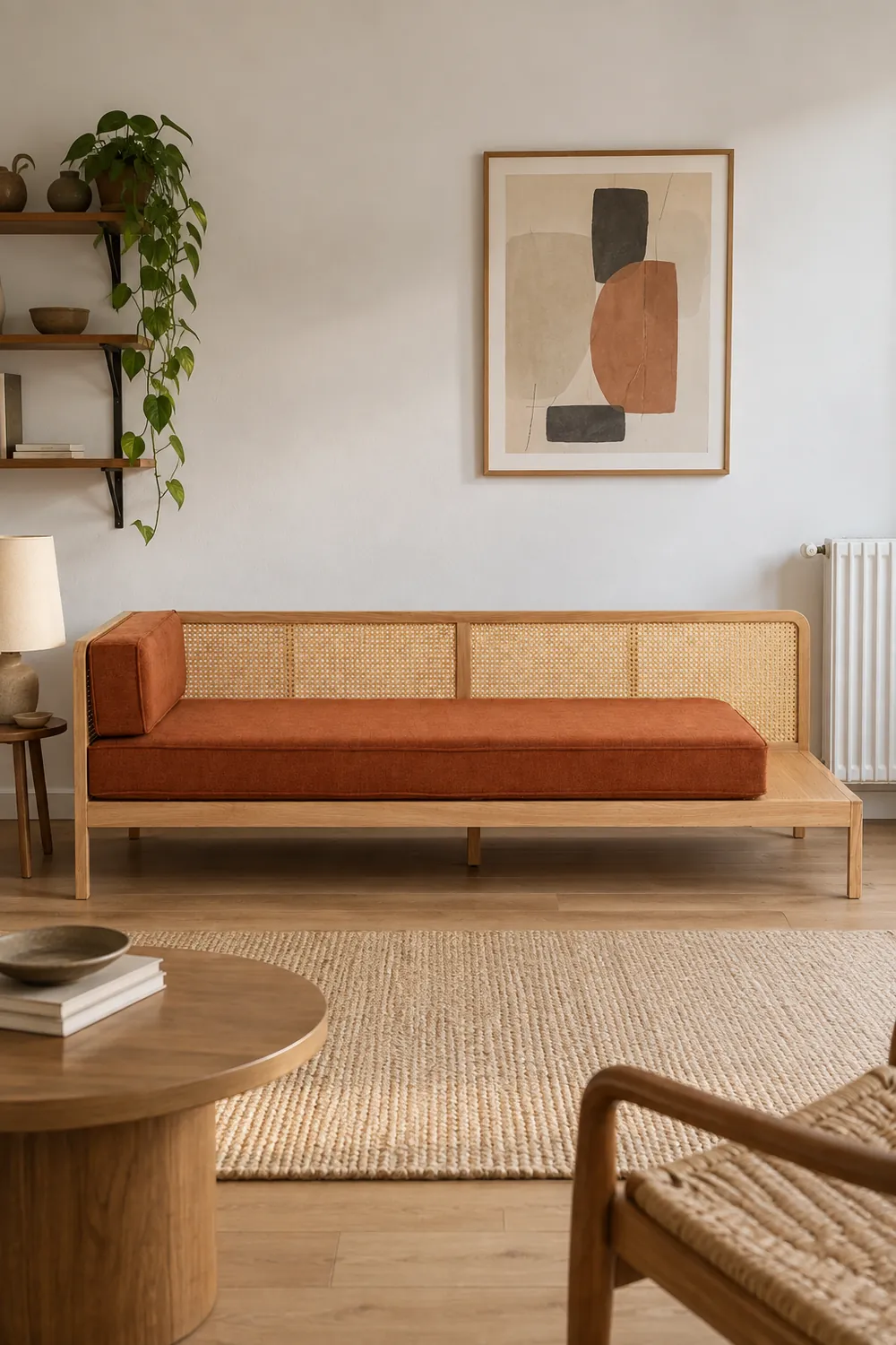 Vue d'ensemble du canapé Scillia La Redoute 3 places en tissu, coloris caramel, style vintage, dans un petit salon d'appartement (mise en situation illustrée par IA)