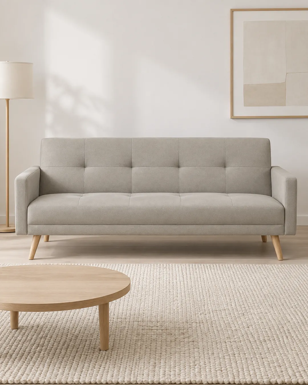 Plan rapproché du canapé Wooden Maisons du Monde 3 places convertible en tissu, coloris beige, style scandinave, dans un salon clair de style nordique (mise en situation illustrée par IA)