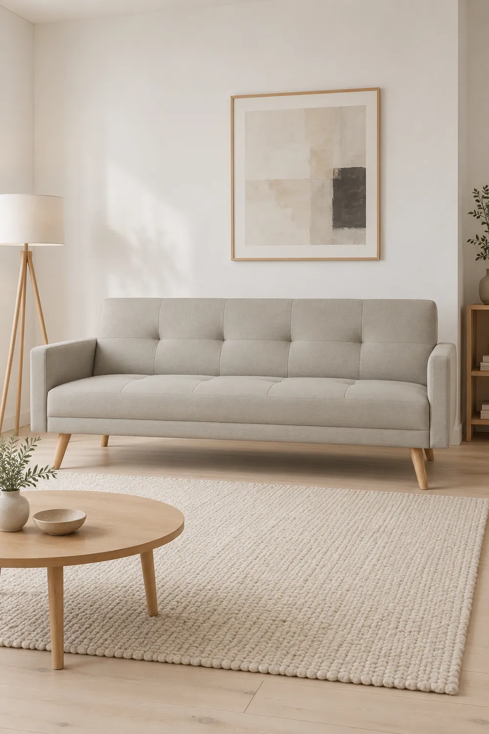Vue d'ensemble du canapé Wooden Maisons du Monde 3 places convertible en tissu, coloris beige, style scandinave, dans un salon clair de style nordique (mise en situation illustrée par IA)