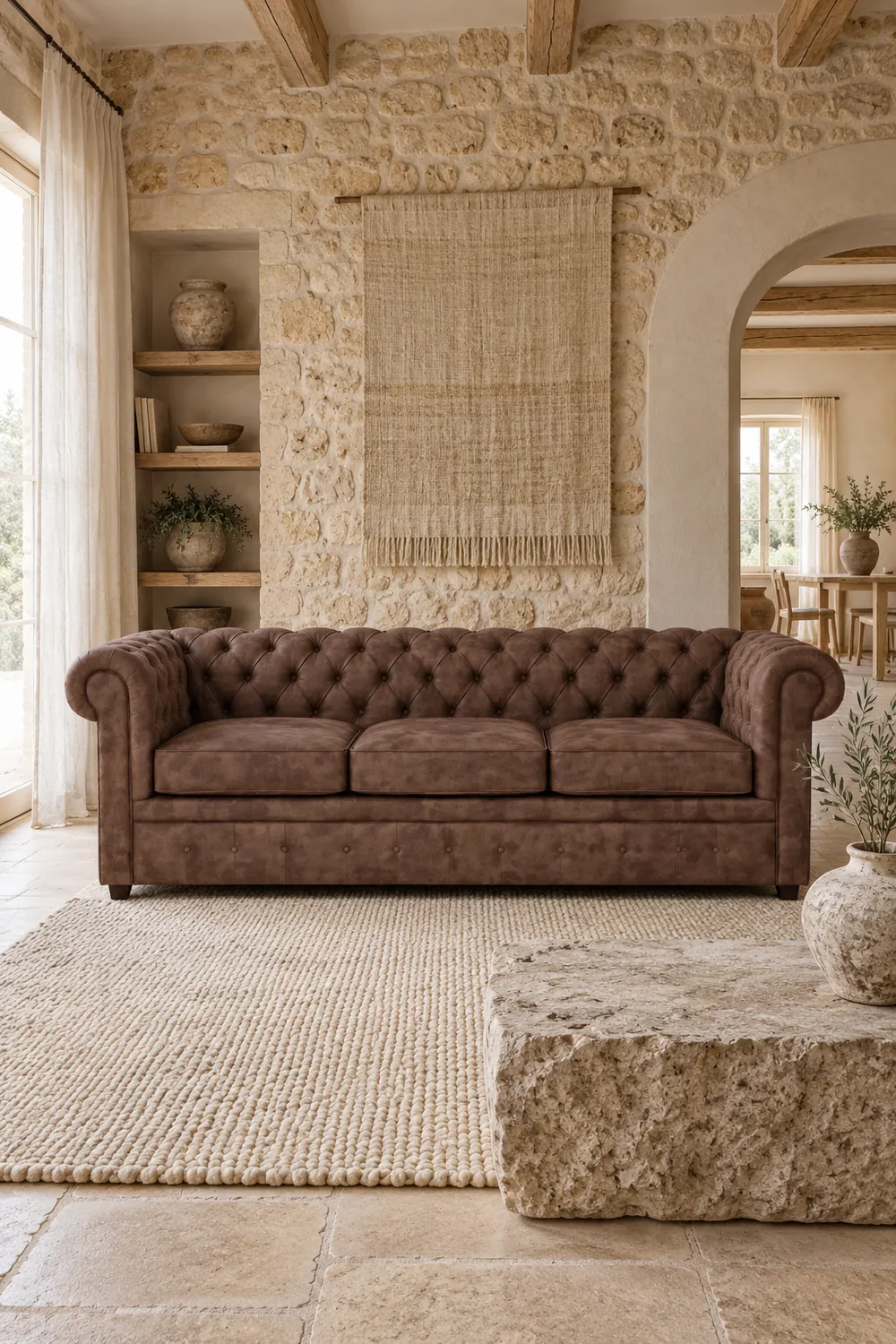 Vue d'ensemble du canapé Chesterfield Maisons du Monde 3 places en tissu, coloris rose poudré, style chesterfield, dans un salon (mise en situation illustrée par IA)