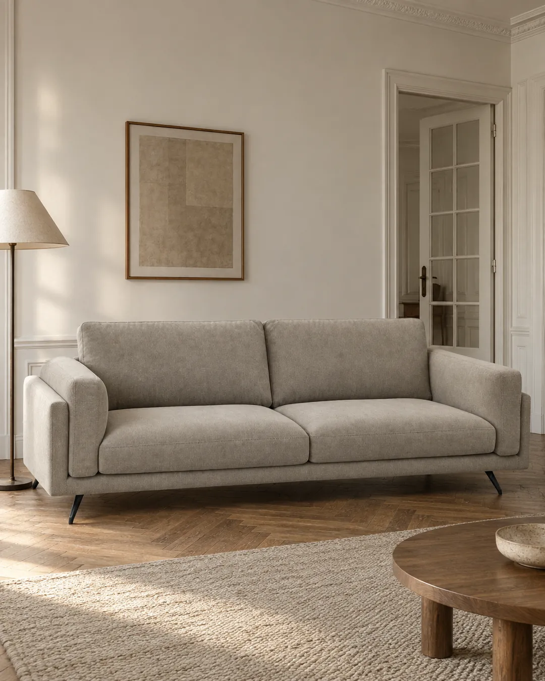 Plan rapproché du canapé Cesar La Redoute 3 places en velours, coloris gris clair, style contemporain, dans un appartement ancien à Paris (mise en situation illustrée par IA)