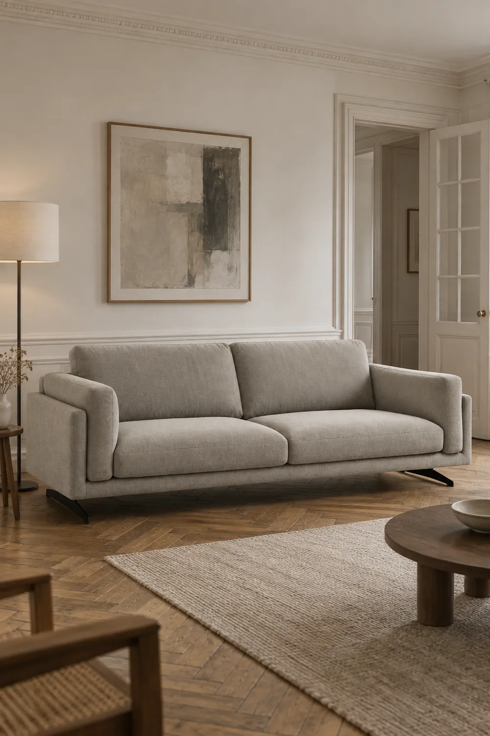 Vue d'ensemble du canapé Cesar La Redoute 3 places en velours, coloris gris clair, style contemporain, dans un appartement ancien à Paris (mise en situation illustrée par IA)
