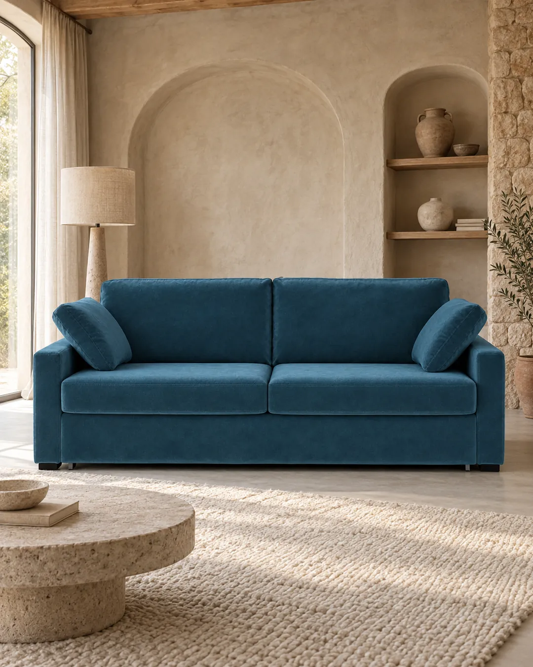 Plan rapproché du canapé Timor La Redoute 3 places convertible en velours, coloris bleu de prusse, style contemporain, dans un salon (mise en situation illustrée par IA)