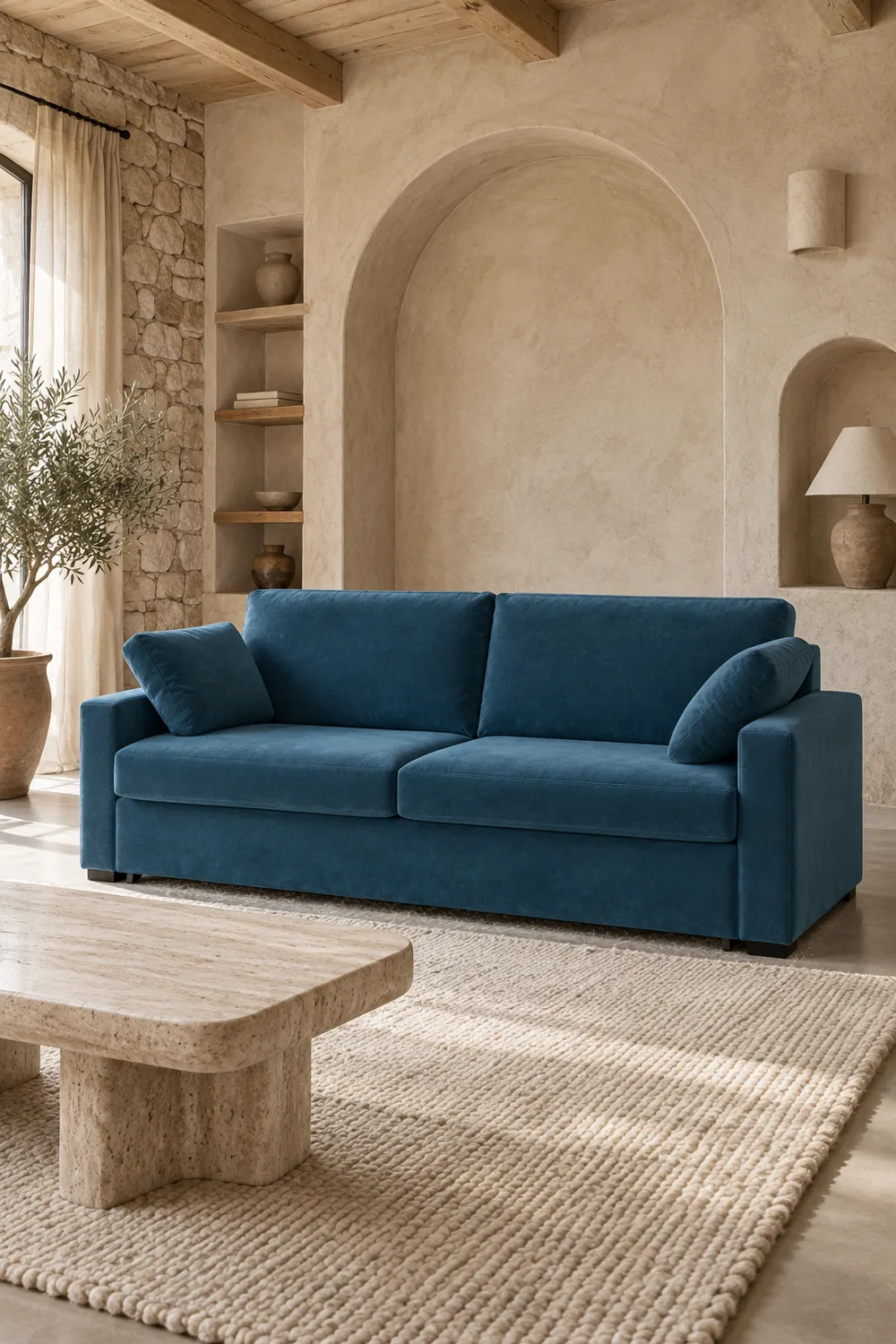 Vue d'ensemble du canapé Timor La Redoute 3 places convertible en velours, coloris bleu de prusse, style contemporain, dans un salon (mise en situation illustrée par IA)