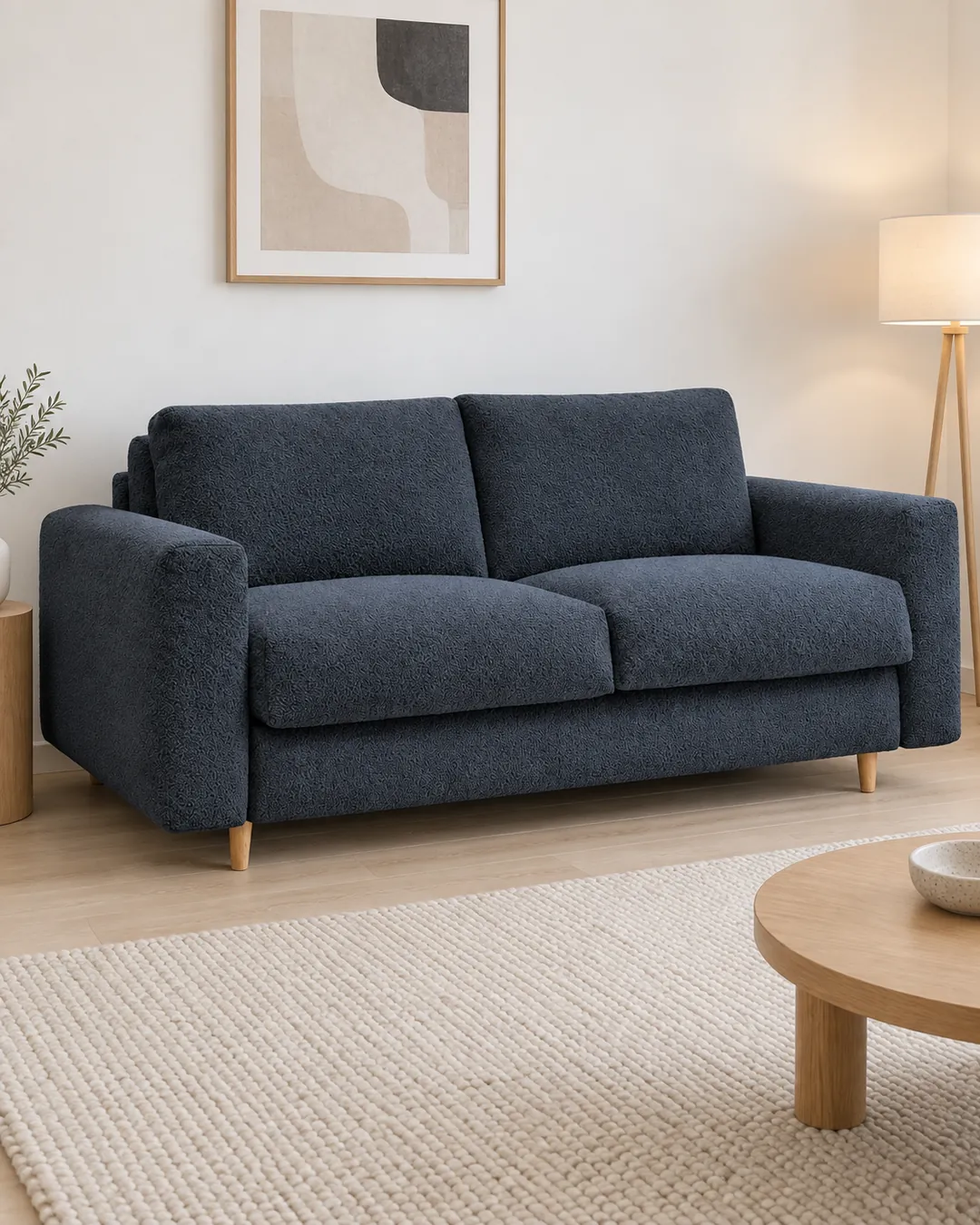 Plan rapproché du canapé Cocoone Bobochic 3 places convertible en bouclette, coloris bleu foncé, style minimaliste, dans un salon clair de style nordique (mise en situation illustrée par IA)