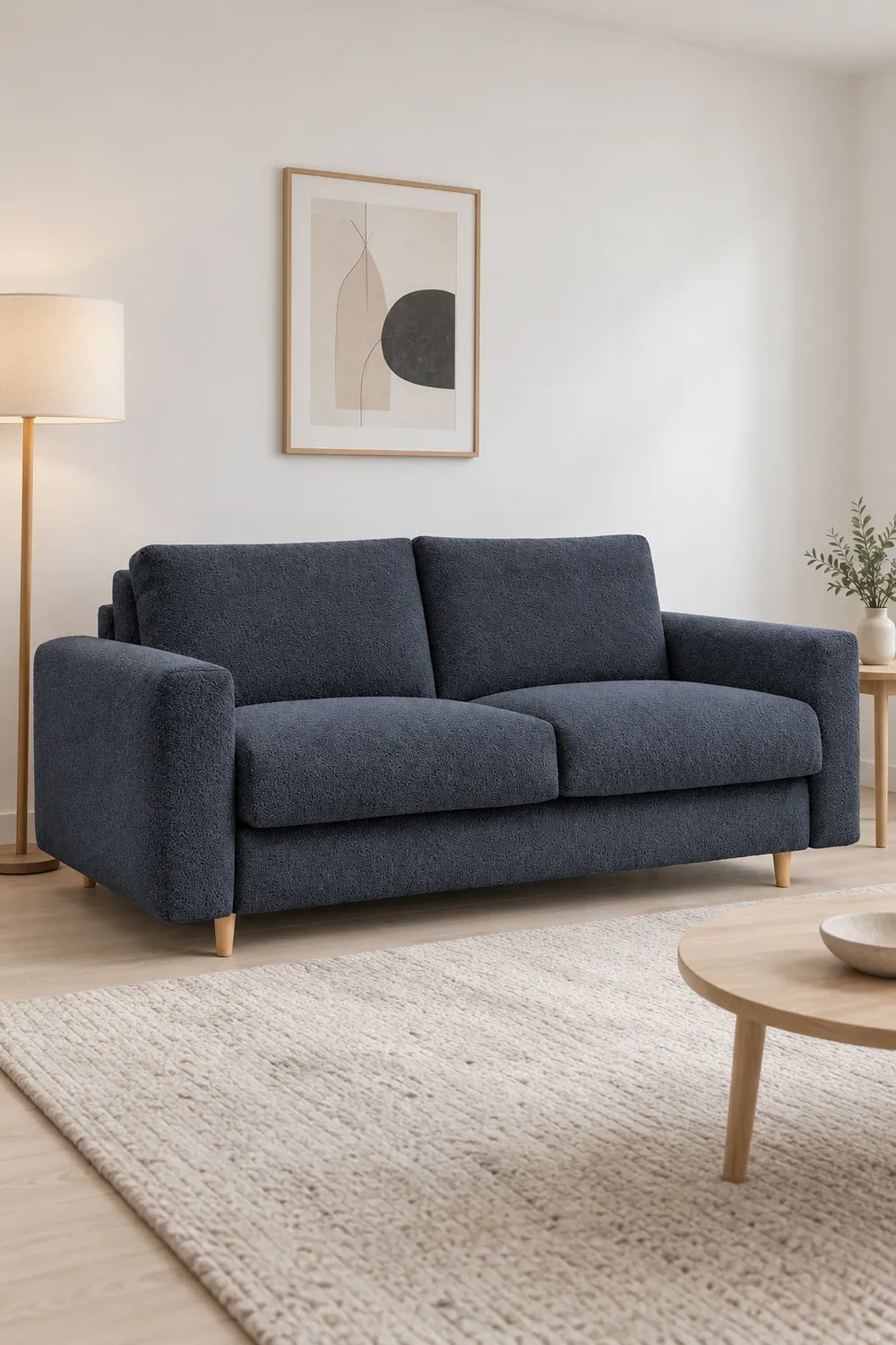 Vue d'ensemble du canapé Cocoone Bobochic 3 places convertible en bouclette, coloris bleu foncé, style minimaliste, dans un salon clair de style nordique (mise en situation illustrée par IA)