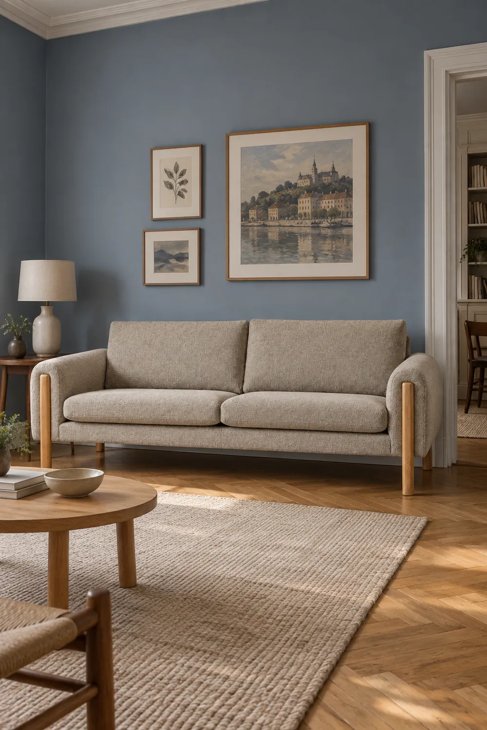 Vue d'ensemble du canapé Vino La Redoute 3 places en tissu, coloris beige, style scandinave, dans un salon au mur bleu ardoise (mise en situation illustrée par IA)
