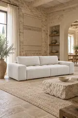 Vue d'ensemble du canapé Anakin Bobochic 3 places en bouclette, coloris blanc, style contemporain, dans un salon (mise en situation illustrée par IA)